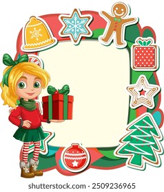 Girl holding gift with holiday decorations