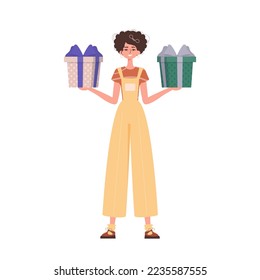 The girl is holding a gift. Modern flat colorful vector illustration.