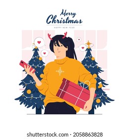 A girl holding gift, present celebrate christmas new year concept illustration