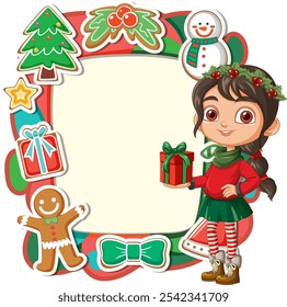 Girl holding gift surrounded by Christmas decorations
