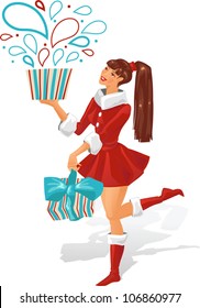 The girl is holding a gift. Vector illustration.