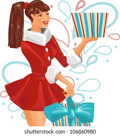 The girl is holding a gift. Vector illustration.