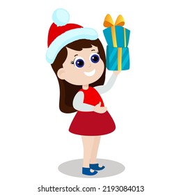 
The girl is holding gifts in her hands. A happy child is dressed in a Santa Claus hat. Character design isolated on white background.