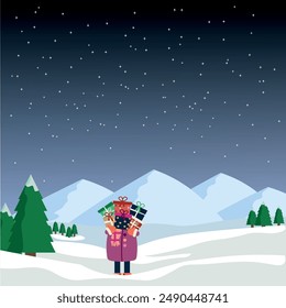Girl holding gifts in winter snow landscape