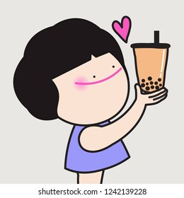 Girl Holding A Glass Of Bubble Milk Tea With Love And Passion. Girl Showing All She Need Is Her Favourite Sweet Drink Concept Card Character illustration