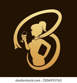 Girl holding a glass of wine. girl silhouette in gold. Luxury logo for wine or fashion brands may use for restaurant symbol also. Elegant lady icon with scarf flying. B letter made off scarf