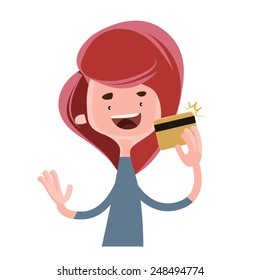 Girl holding gold credit card vector illustration cartoon character
