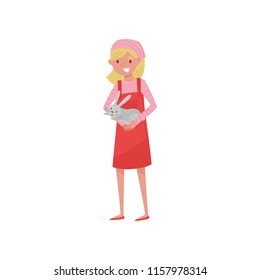 Girl holding gray rabbit in her hands, female farmer taking care of animal on farm vector Illustration on a white background