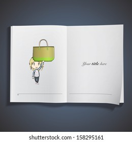 Girl holding green bag printed on book. Vector design