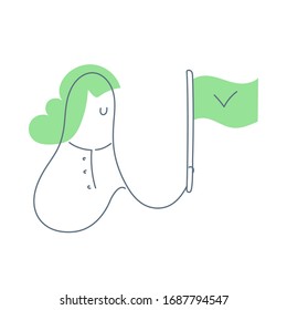 Girl holding green flag with tick in her hand. Checkpoint, right choice, approved direction or finished tasks concept. Flat line vector icon illustration on white background.