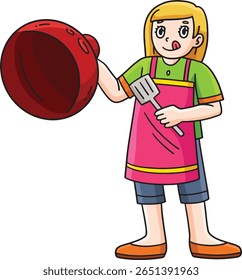 Garota segurando a tampa da grade e um clipart da espátula 