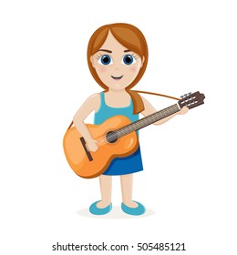 Girl holding a guitar in hand and singing a song