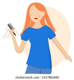 Girl holding hairbrush with her hair. Vector illustration of hair problems.