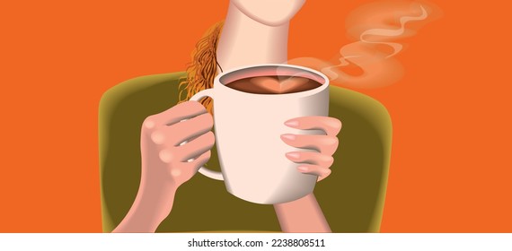 A girl holding in the hands a big mag with coffee with a heart decor on it, hot coffee fuming, pretty girl with red hair on orange background.