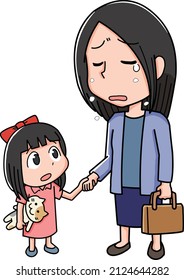 Girl holding hands with crying mother