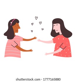A girl is holding a hand's girl with a smiling face. Cheerful girl is very happy when meeting with her best friend and hug each other. Female friendship concept. Vector illustration of a flat design