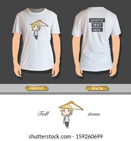 Girl holding a hanger printed on shirt. Vector design 
