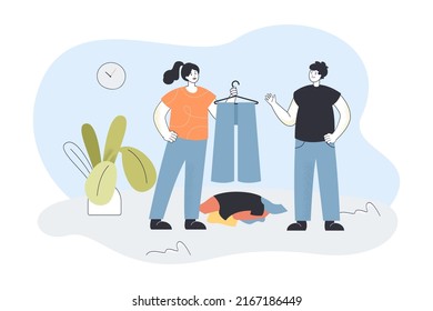 Girl holding hanger with used trousers. Conscious man and woman standing near pile of clothes flat vector illustration. Thrift, second hand concept for banner, website design or landing web page