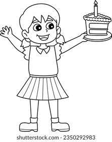 Girl Holding Happy Birthday Cake Isolated Coloring