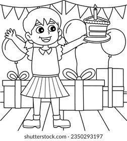 Girl Holding Happy Birthday Cake Coloring Page 