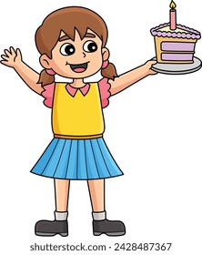 Girl Holding Happy Birthday Cake Cartoon Clipart