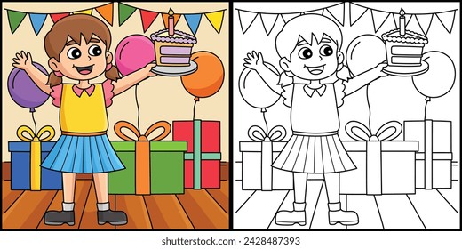 Girl Holding Happy Birthday Cake Illustration