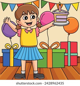 Girl Holding a Happy Birthday Cake Colored Cartoon