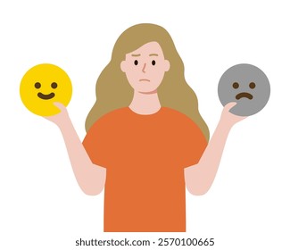 Girl holding happy and sad face signs. Feeling, emotion, mental disorder concept. Flat character vector design isolated illustration.