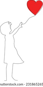 Girl  holding heart balloon continuous single hand drawn vector. Vector illustration