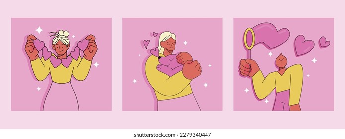 A girl is holding a heart decoration in her hand. she is holding a dog She and she is holding a bar of soap bubbles and making hearts. pink background.