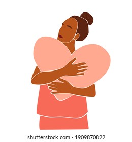 Girl holding heart in hand. Minimalist abstract pattern background for design valentine's day greeting card, wedding invitation, bridal shower party t shirt print etc