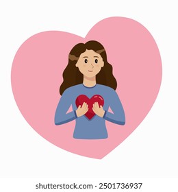 Chica sosteniendo un corazón en las manos. Cuidado personal, amor propio. Regalo de relación, confianza. Personaje de mujer para el día de San Valentín, caridad, Anuncio emocional. Vector diseño simple