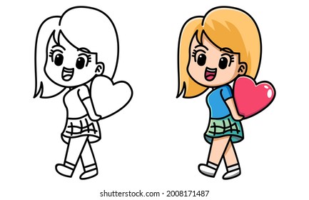 girl holding heart, happy valentine, coloring page for kids
