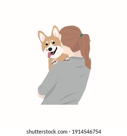 Girl holding her dog backside view cute flat illustration scene