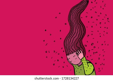 girl is holding her head, in a cloud of thoughts and anxiety. Mental health, the concept