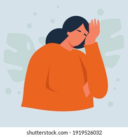 Girl holding her head with her hand, migraine, headache