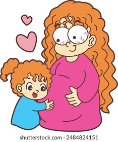a girl is holding her mother's pregnant belly, wanting to listen to the sound of the baby's heartbeat