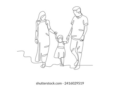 A girl is holding her parents. Family one-line drawing