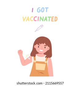 A girl holding his arm up to show plaster and strong action after got vaccinated with colorful message "I got vaccinated". Covid-19 kids vaccination. Coronavirus prevention. Flat vector illustration.