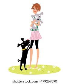 Girl holding a homeless puppy . A dog volunteer vector illustration