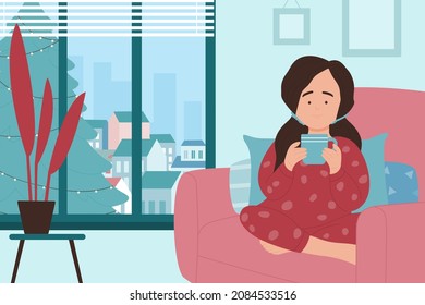 Girl holding hot drink vector illustration. Cartoon cute little child in pajamas sitting by home window with cold winter weather in soft cozy armchair, kid with mug in hands. Stay warm concept