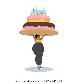 A girl is holding a huge cake with burning candles over her head. Cartoon vector.