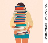 The girl is holding a huge stack of books. Bibliopole and bibliomania. A type of mania.