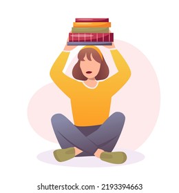 The girl is holding a huge stack of books. Bibliopole and bibliomania. The girl is reading a book, and there is a book over her head.
Concept of reading for exam, knowledge, studying, education