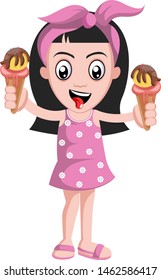 Girl holding ice cream, illustration, vector on white background.