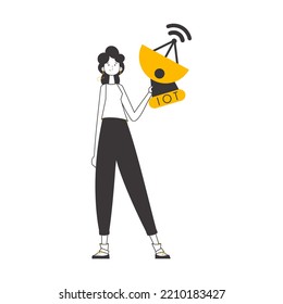 The girl is holding the internet of things logo in her hands. Trend lineart style. Isolated. Vector.