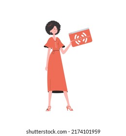 The girl is holding the IoT icon in her hands. Internet of things concept. Isolated. Vector illustration in trendy flat style.