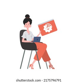The girl is holding the IoT icon in her hands. IoT concept. Isolated. Vector.