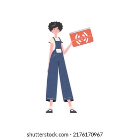 The girl is holding the IoT icon in her hands. Internet of things concept. Isolated. Trendy flat style. Vector illustration.