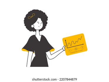 The girl is holding the IOT logo in her hands. Lineart style. Isolated on white background. Vector.